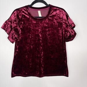 Altar'd State XSmall XS Burgundy Red Crushed Velvet Ruffle Short Sleeve Top Crew